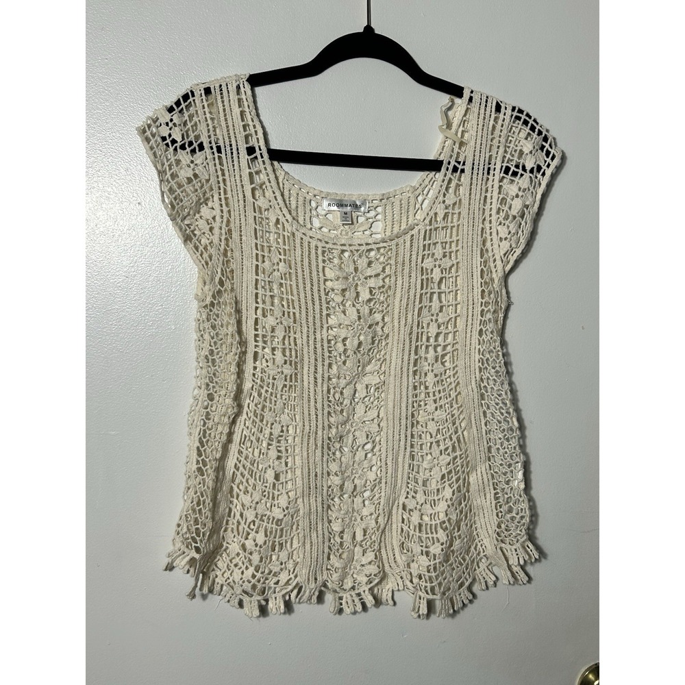 Roommates Crochet Lace Boho Tank Top Ivory Off-White Size Medium 100% Cotton
